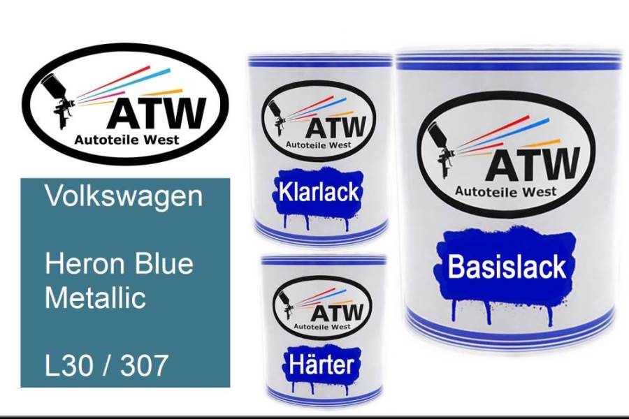 Volkswagen, Heron Blue Metallic, L30 / 307: 1L Lackdose + 1L Klarlack + 500ml Härter - Set, von ATW Autoteile West.